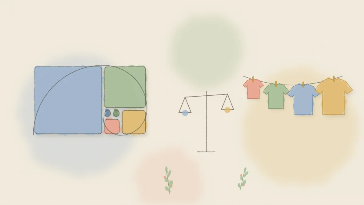 Watercolor Fibonacci tiles and a line of growing T-shirts with a simple balance scale between them