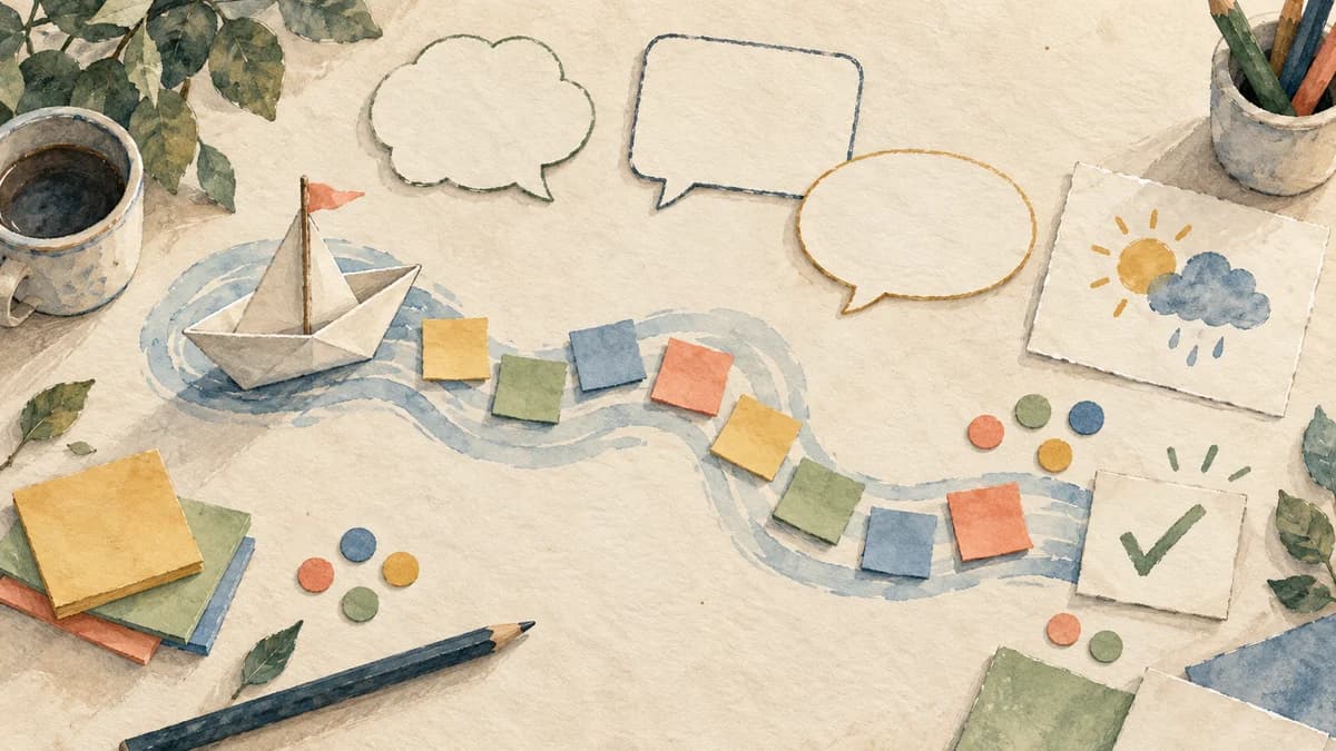 Watercolor sailboat, weather cards, voting dots, and a trail of notes ending in a checked experiment card