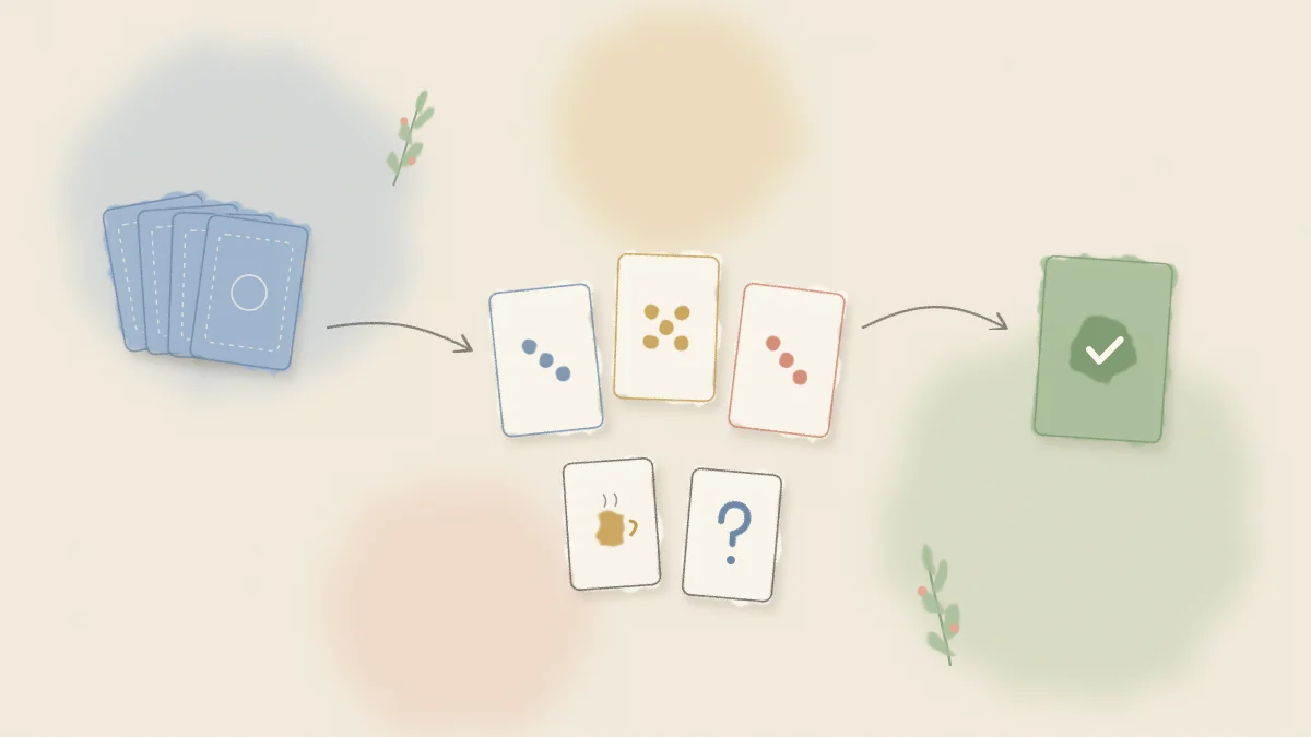 Watercolor estimation cards turning face up and one agreed card with a checkmark