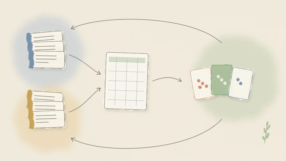 Two watercolor stacks of work items sharing one spreadsheet and a set of estimation cards
